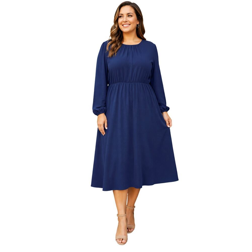 NWOT halogen navy blue cinch waist long sleeve maxi peasant dress sz 1X career